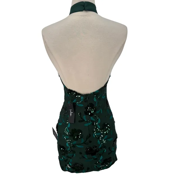 NWT Lulus Emerald Green Sequin Floral Halter Backless Mini Dress Size Small - Image 5