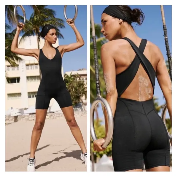 Free People FP Movement Here On Out Black Crisscross Back Activewear Jumpsuit L - Image 2