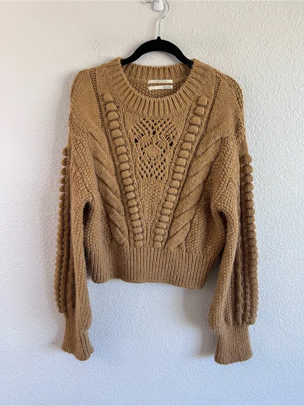 Anthropologie Women's Chunky Cropped Cable-Knit Bobble Balloon Sleeve Sweater - Image 2