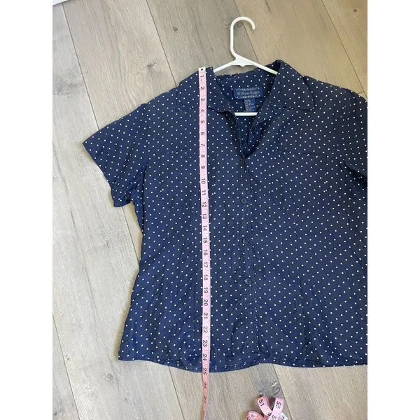 Vtg Willow Ridge Top Womens Size L Silk Button Navy polk dot Boxy Mom 90s - Image 5