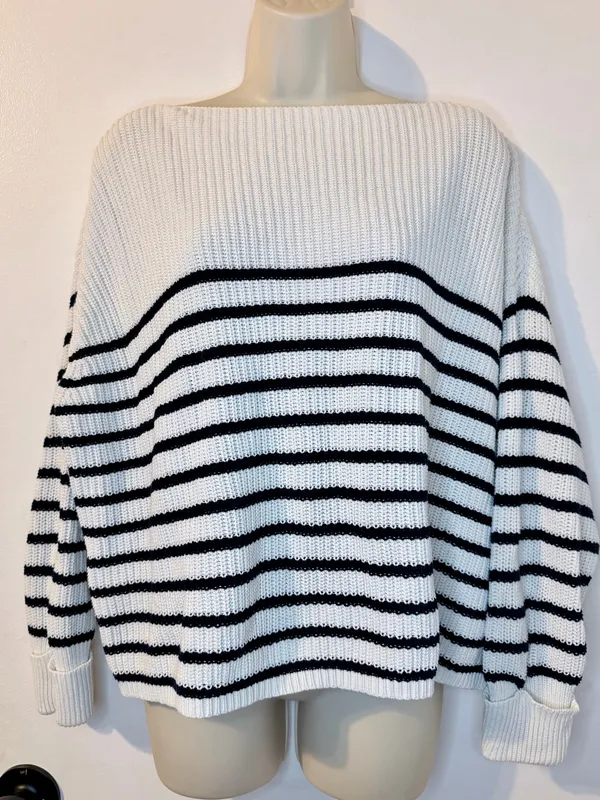 French Connection XS White Black Stripe Knit Boat Neck Sweater Cotton - Image 2