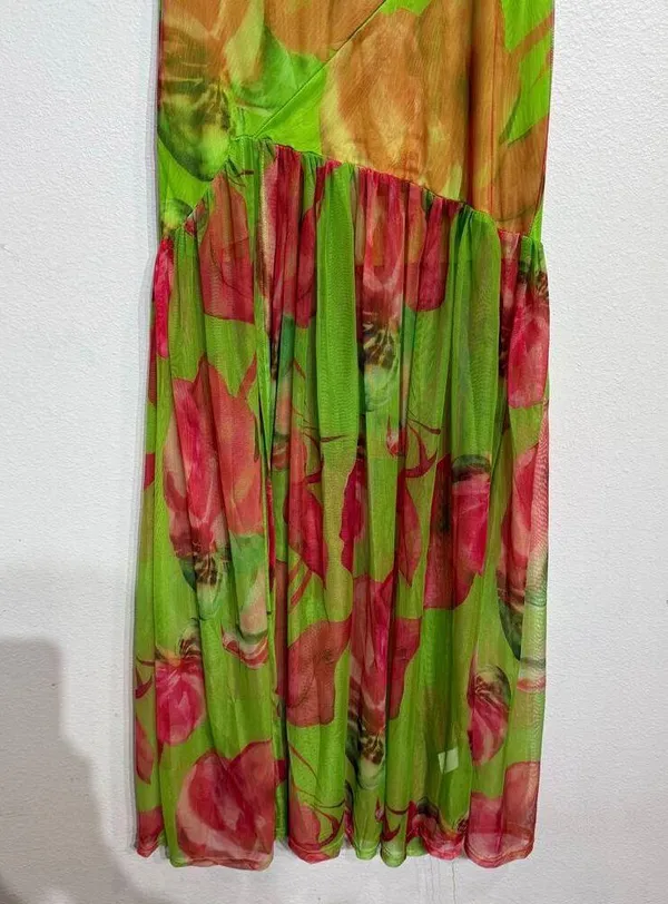 Green Floral Strapless Backless Sheer Mesh Side Slit Maxi Dress Sz S - Image 4