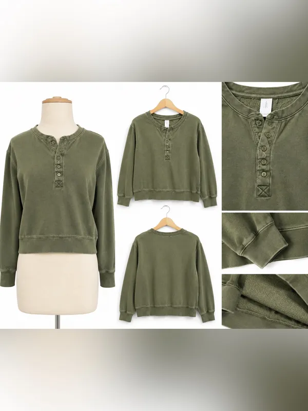 Olive Green Henley Pullover Sweater - Image 2
