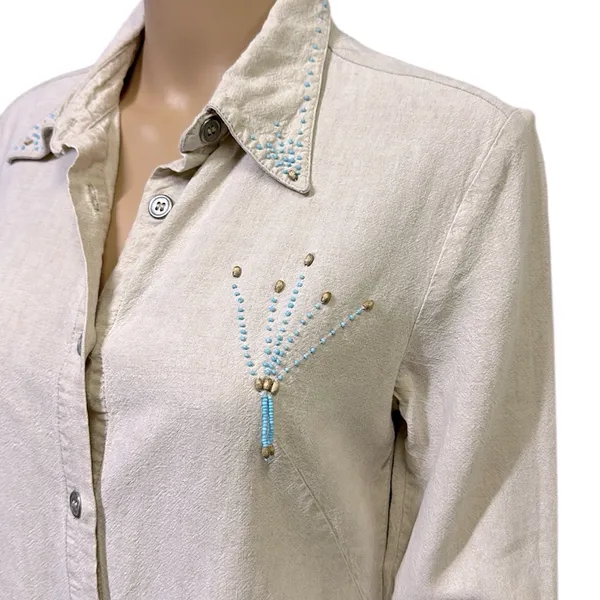 Bahar Linen 3 Quarter Sleeve Button Up Tapered Beaded Shirt Dress Womens 2 - Image 4