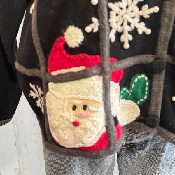 Vintage Santa Snowman Reindeer Cardigan Sweater large embroidery knit‎ whimsical - Image 7
