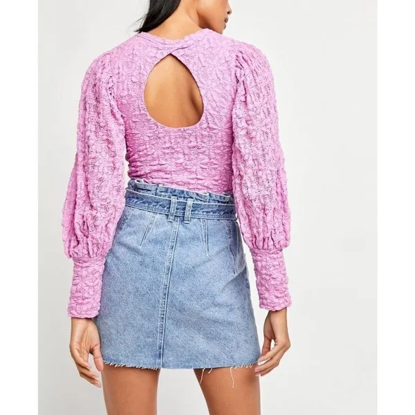 Free People Tea Time Lace Cropped Top Puff Sleeve‎ Pink Size Large NEW - Image 3