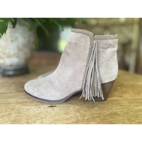Franco Fortini Ella Suede Leather Ankle Boots Taupe Fringe Block Heel Size 6 - Image 4