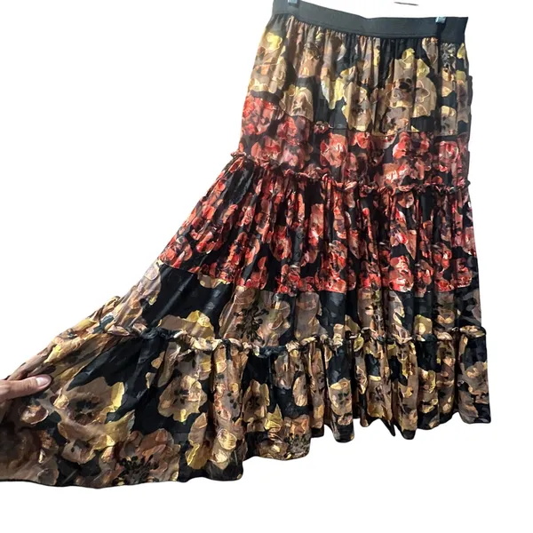 Soft Surroundings Fiametta Floral Tiered Maxi Skirt Black Gold Red Small Petite - Image 3