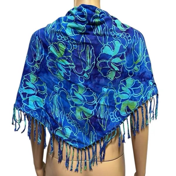 Bali Batiks Resort Wear Handpainted Rayon Fringed Triangular Sarong Scarf Wrap - Image 4