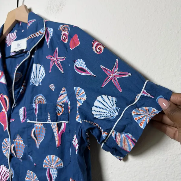 Printfresh Women Cotton Pajama Top XS Blue Seashell Starfish Button Front Pocket - Image 7
