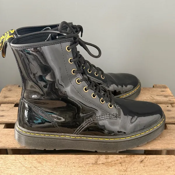 DR. MARTENS Black Patent‎ Leather ZAVALA COMBAT BOOT Size 10 A32 - Image 6