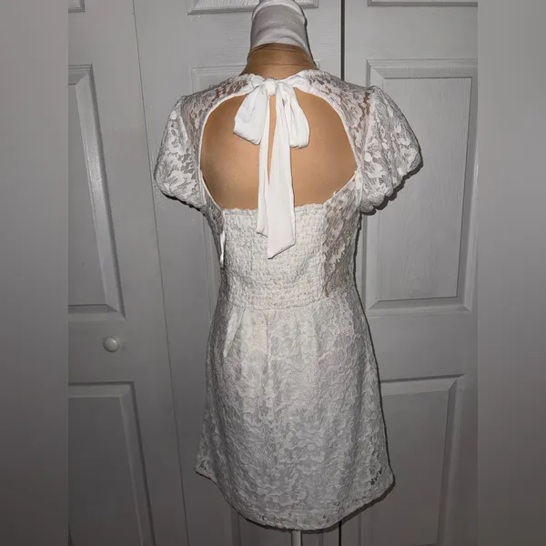 New Free People Hailee Lace Mini Tie Back Puffed Sleeves Dress White Sz M‎ - Image 4