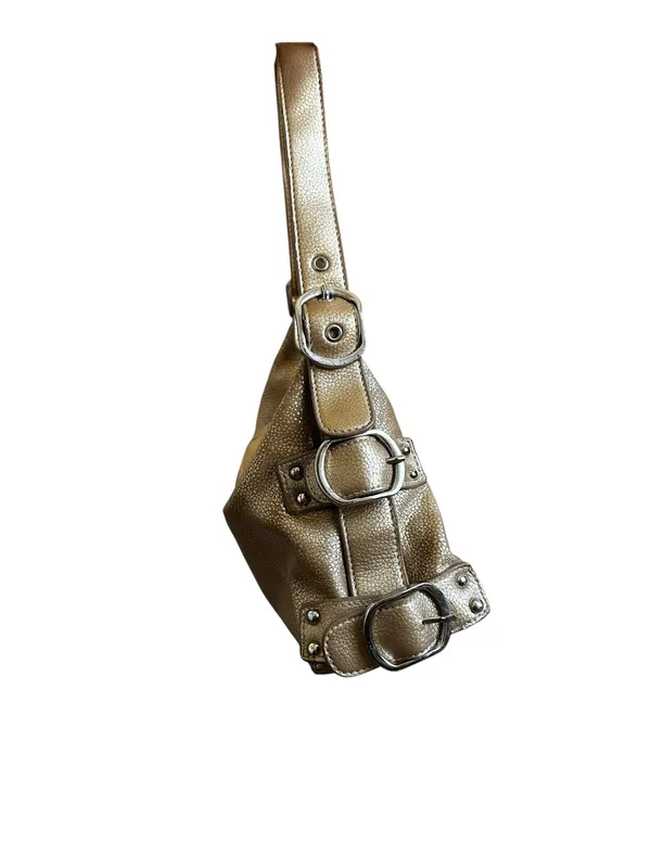 Vintage Gold Pebble Faux Leather Shoulder Bag Buckles & Straps Y2K Club Wear - Image 4