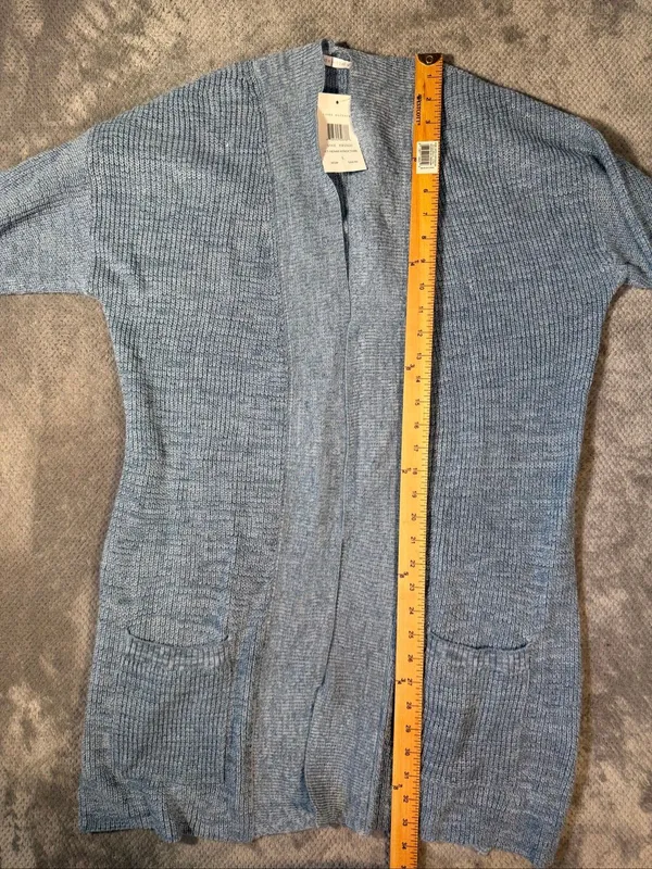Linda Matthews Open Front Knit Cardigan Light Blue Large NWT Longline Pockets - Image 6
