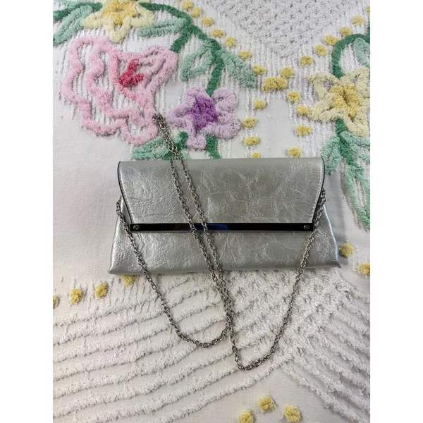 Target Limited Edition Silver Metallic Clutch Crossbody Bag‎ Metal Bar Accent - Image 3