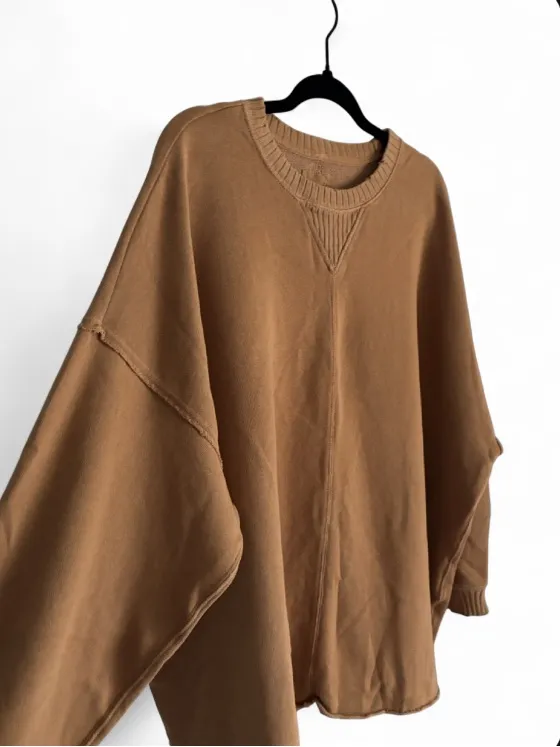 Aerie Oversized Crewneck Sweater Raw Hem Rusty Brown Soft Cozy Lounge Top Sz L - Image 3