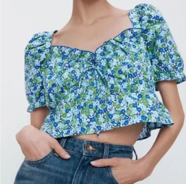 Zara Floral Peasant Ruffle Cropped Top - Image 7