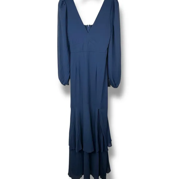 NEW Lulus Tier Elegance Navy Long Sleeve V-Neck Chiffon Tiered Maxi Dress Medium - Image 5