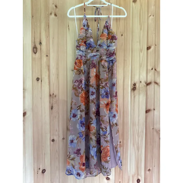 NWT Lulus Danelle Taupe Floral Halter A-Line Midi Dress Wedding Bridesmaid Sz L - Image 2