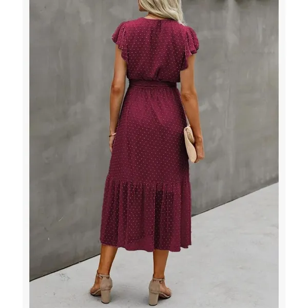 NEW Wrap Ruffle Cap Sleeveless Belted A-Line Swiss Dot Midi L - Image 4
