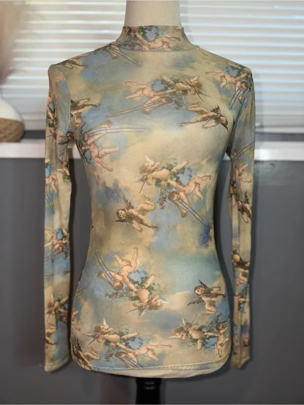 Sweet Lilac XS Cherub Angel Print Sheer Mesh Mock Neck Long Sleeve Top - Image 4
