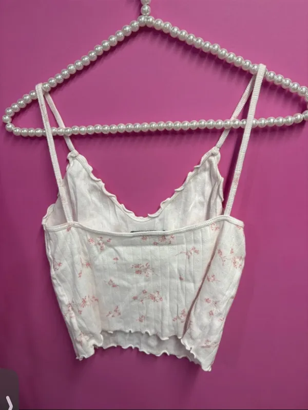 Brandy melville White Floral Ribbed Cami Tank Top - Lightweight Spaghetti Strap - Image 2