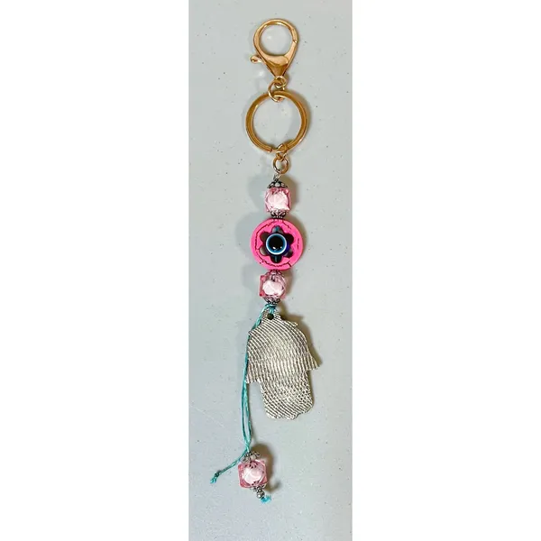 Handmade Pink Blue Hamsa Hand Evil Eye Beaded Key-Chain Key-Ring Key-Clip Fashion Accessory 🪬🧿 - Image 2