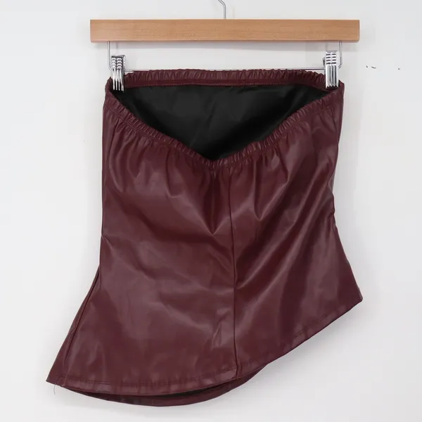 Faux Leather Tube Top Women S Burgundy Asymmetrical Ruched Excellent - Image 4
