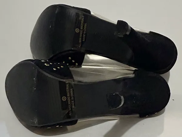 Mochi Faux Suede Elegant Studded Transparent Sides Black and Gold Heels - Image 6