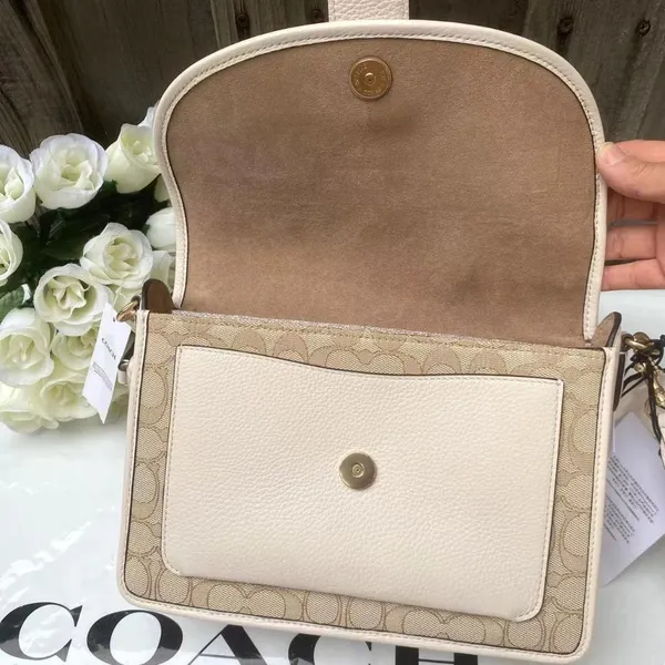 COACH LONNIE Crossbody Khaki Signature Jacquard Chalk Leather C8307 NWT $398 - Image 8