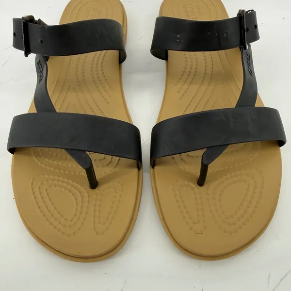 Crocs Tulum Toe Post Sandal Black Tan Women 11 Strappy Buckle Slip On Flip Flop - Image 2