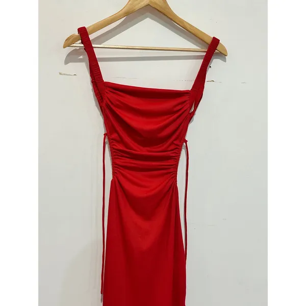 Shareen Collections Australia Red Ribbed Ruched Open Back Midi Dress Size US 2 - Image 4