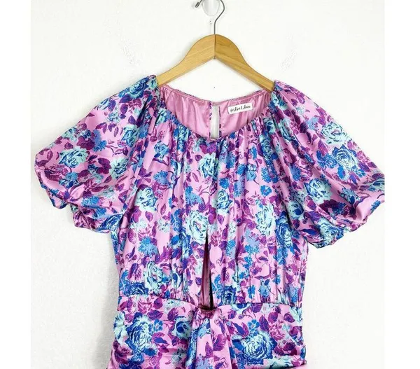 For Love & Lemons Tahiti Ruched Mini Dress Small Purple Floral Satin Cottagecore - Image 5
