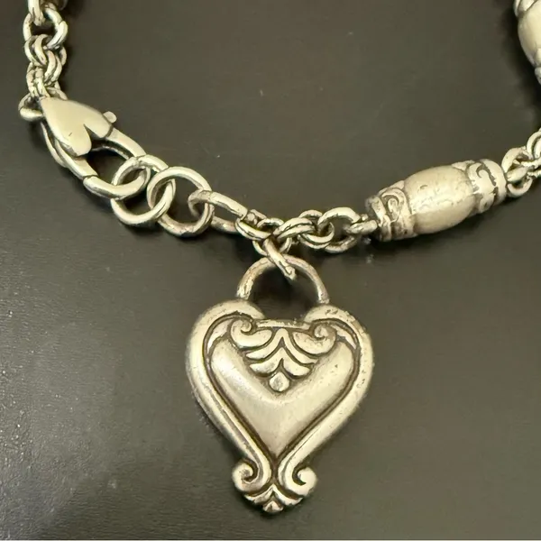 Retired BRIGHTON Blair Heart Barrel Link Chain Silverplated Heart Charm Bracelet - Image 5