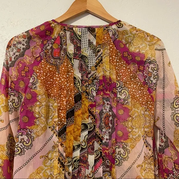 V Cristina Abstract Sheer Blouse Size Medium Multicolor​‎ Yellow - Image 4