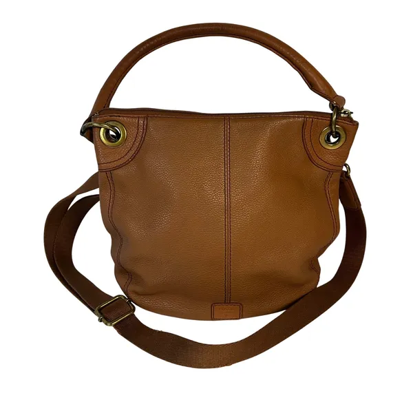 Fossil Cognac Brown Pebbled Leather Convertible Crossbody Bag Antique Brass‎ Zip - Image 3