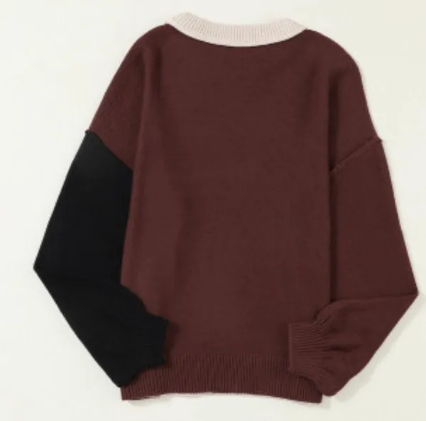 NEW Brown Black and Tan Colorblock Bishop Sleeve Sweater - Image 3
