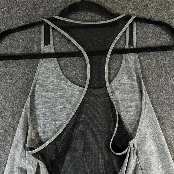 Alo Yoga Womens Gray Heathered Open Draped Mesh Back Racerback Tank‎ Top - Image 7