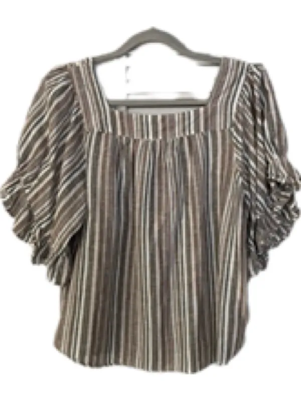 Studio West Brown Multi-Stripe Square Neck Peasant Blouse Linen and Cotton Blend - Image 2