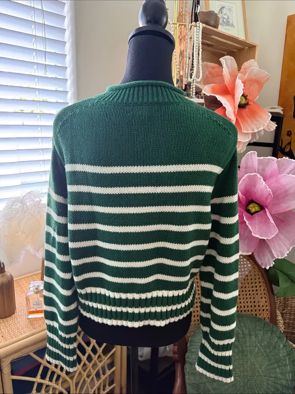J. Crew Green & White Striped Cotton Roll Neck Sweater - Image 2
