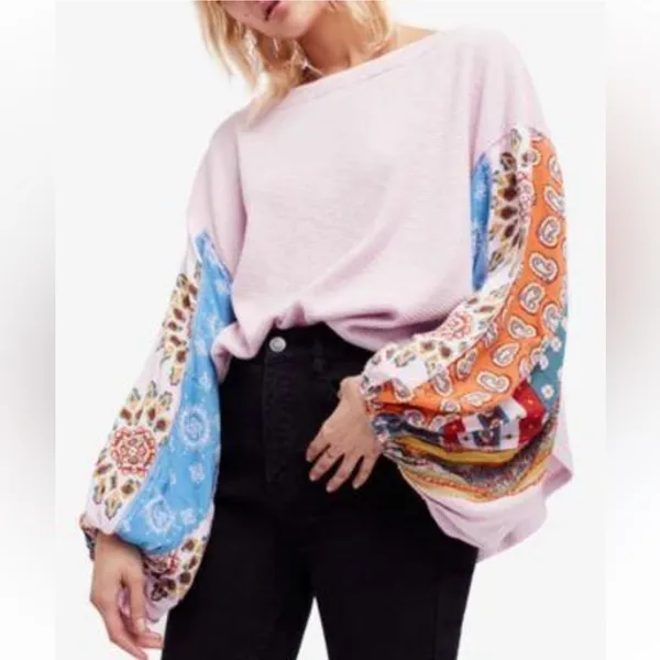 We The Free Free people blossom print Dolan balloon sleeve top mixed paisley thermal top - Image 12