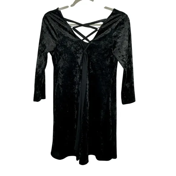 A. Byer 90s Black Crushed Velvet Mini Dress Long Sleeve V Neck Grunge Whimsigoth - Image 2
