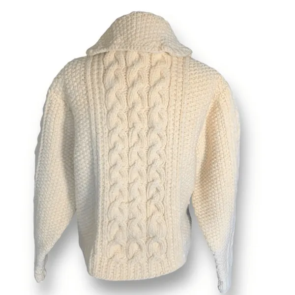 Vintage Hand Knit Oatmeal Cable Knit Fisherman Cardigan Sweater Cropped Cozy - Image 4