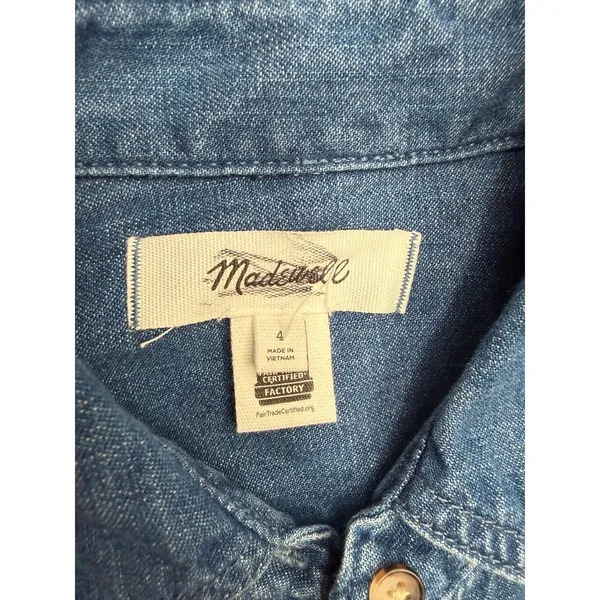 Madewell Denim Shirt Dress Women 4 Blue Cotton Cinched Waist Long Sleeve - Image 4