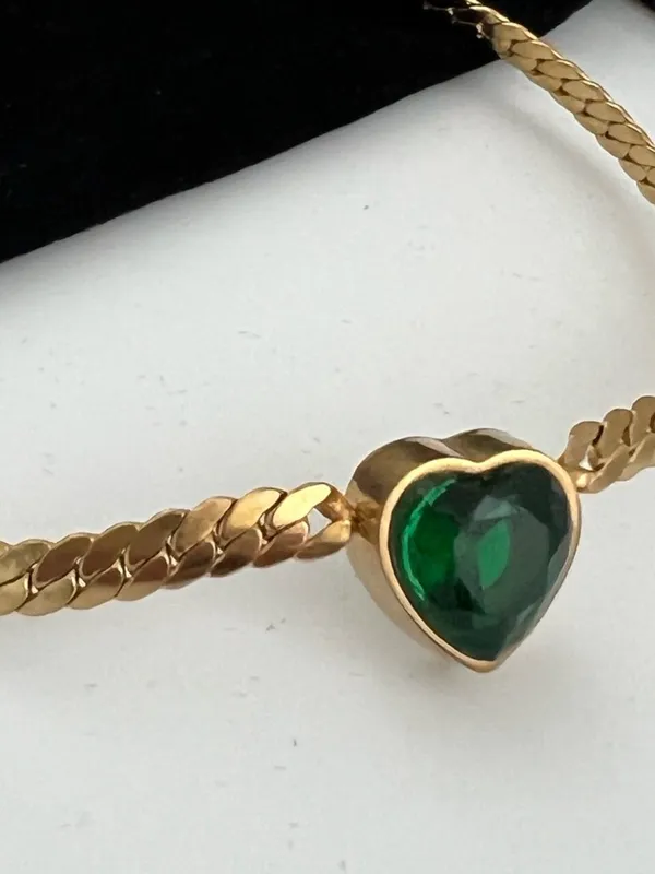 18K Gold Plated Green Heart snake chain Necklace Stainless Steel womens jewelry - Image 2