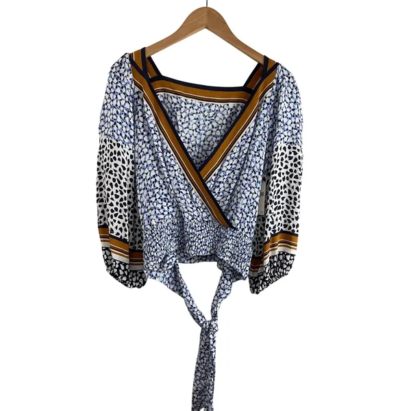 Maeve by Anthropologie Wrap Blouse Blue White Black Print‎ Smocked Waist XS - Image 5