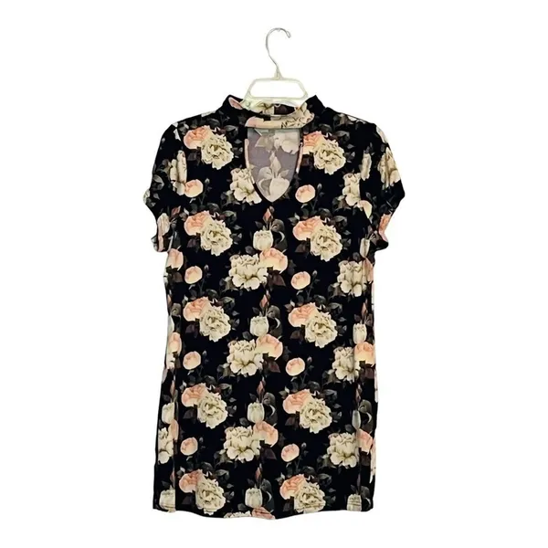 Dice Soft Black Floral Rose‎ Printed Mini Shirt Dress Mock Neck Keyhole Size Xl - Image 3