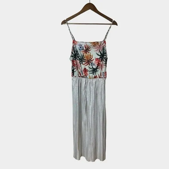 Zara Trafaluc Tropical Floral Silver Metallic Pleated Midi Dress Medium‎ Summer - Image 3