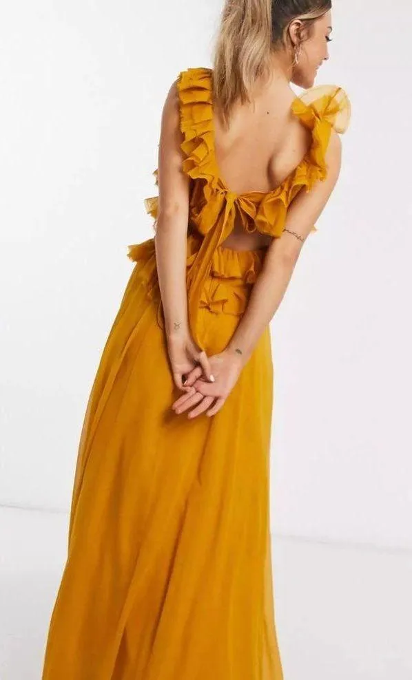 ASOS DESIGN Tiered Ruffle Dress, Mustard, 2 - Image 3