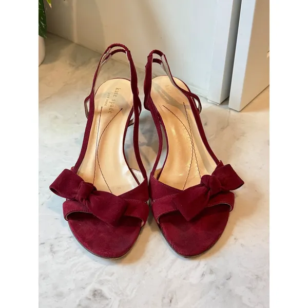 Kate Spade Sandals Womens 7.5 Burgundy Suede Bow Slingback Kitten Heel Italy - Image 2